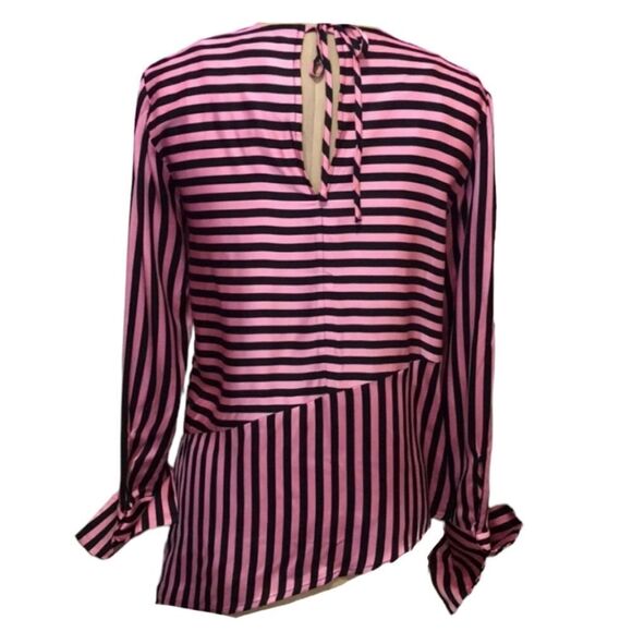 🔺️H&M Pink & Black Striped Asymmetric Hemline Rayon Blouse Size 2 - Picture 2 of 13